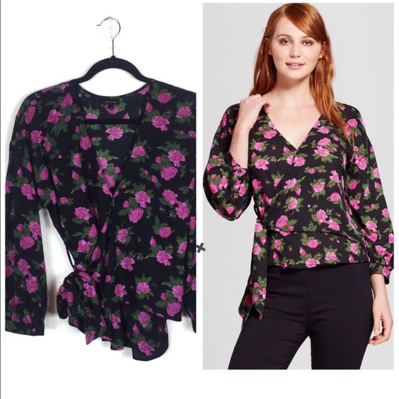Who What Wear Tops - Who What Wear Black Pink Rose Wrap Top